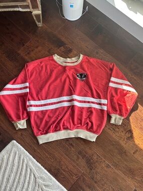 Pilcro Red Crewneck Sweater with Cream Trim and White Stripe Detail